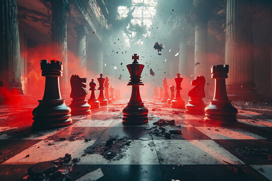 A dramatic scene of a chess game in a grand hall, with the pieces in motion and a fiery red background
