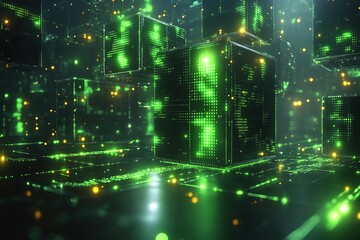 Abstract digital green cubes glowing in the dark with binary code and circuit board.