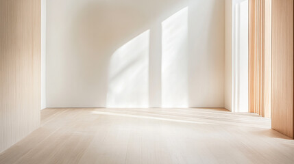 Natural light streaming into a minimalist room with wooden flooring and blank walls