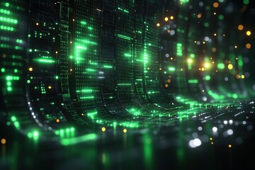 Fototapeta premium Abstract digital green glowing lines and particles background.