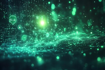 Fototapeta premium Abstract digital green network with glowing particles and lines.