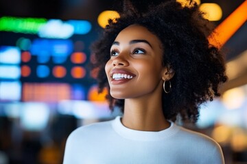 Obraz premium A joyful woman with curly hair and bright smile gazes upward, conveying a sense of aspiration and hope. Vibrant background adds a dynamic feel to the portrait.