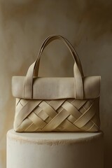 Beige woven tote bag resting on a round pedestal displaying modern design