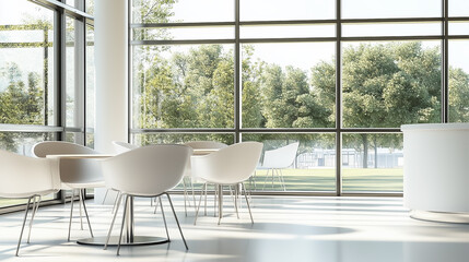 A modern break area in an office, featuring large windows that allow ample natural light to flood the space