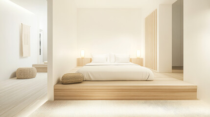 Minimalist bedroom design featuring serene lighting and natural materials in a tranquil setting