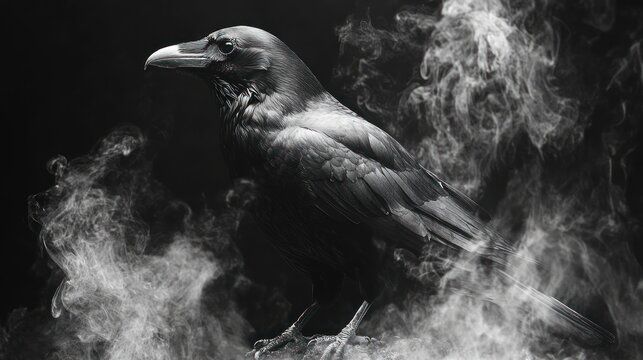 A Black Raven Perched on a Rock Amidst a Whirlwind of Smoke