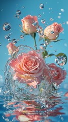 Pink Roses with Splashing Water and Droplets in Vibrant Blue Background.