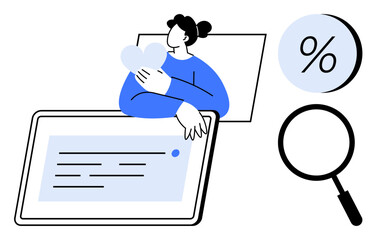 Person holding heart beside large tablet screen displaying text. Magnifying glass, percentage symbol floating. Ideal for healthcare, love, technology, analytics, education, finance, self-care themes