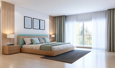 Fototapeta premium Modern bedroom interior design featuring large windows and natural light in a serene setting