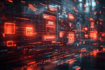 Abstract digital interface with red and blue glowing icons on black background.