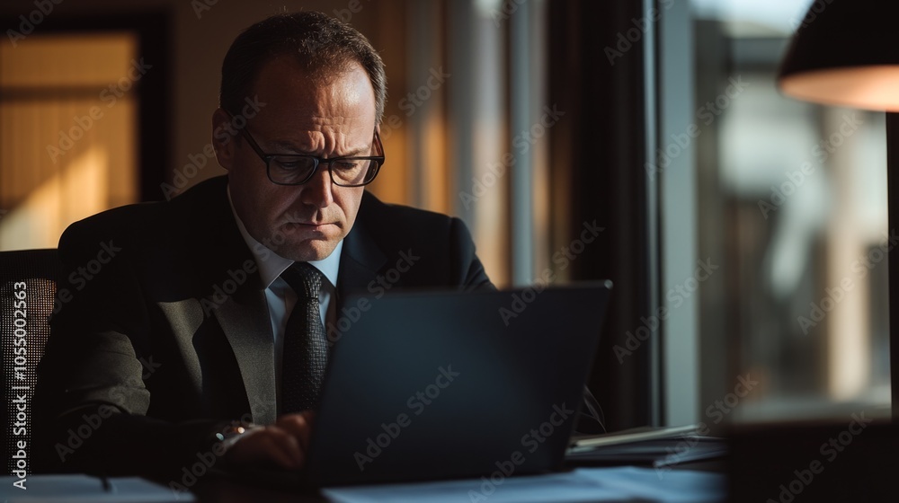 Poster a man in a suit is sitting at a desk with a laptop in front of him