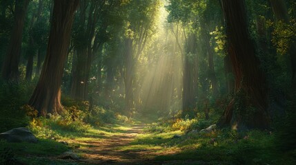 A peaceful forest with tall trees and soft sunlight, leaving a wide, clear area for text in the center of the scene.