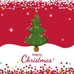 Merry Christmas card. Christmas tree standing on a snowy meadow with pink background. Confetti and snowflakes are flying. 