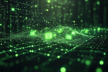 Abstract digital landscape with glowing green data and network connections.