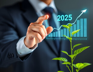 A hand of Businessman with Holographic Plant and Chart Icons for 2025