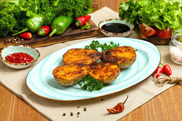Grilled potatoes on a plate. Restaurant, Cafe, lunch.