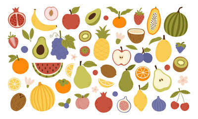 Big set of colorful abstract fruits and berries. Vegetarian organic food. Hand drawn modern vector illustration.