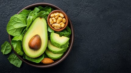 Fresh mixed greens, avocado, and nuts in a bowl, heart-healthy food concept, top view, vibrant colors