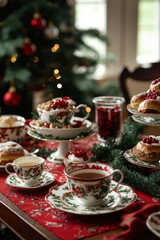 Naklejka premium A festive table setting with a Christmas tree in the background