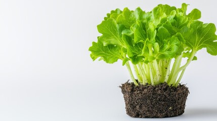 Fototapeta premium Fully grown seedling with healthy foliage, soil visible at base, soft white background for clean and versatile use