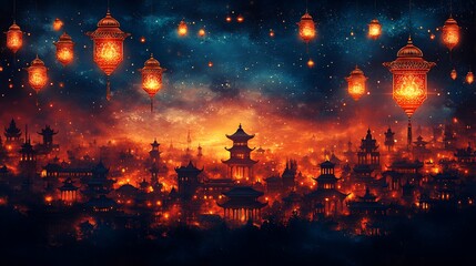 A vibrant cityscape illuminated by lanterns against a twilight sky.