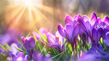 Purple Crocuses Blooming in the Spring Sunshine