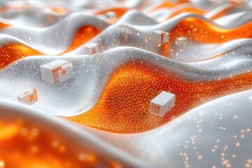 Abstract digital landscape with white boxes on orange glowing waves.
