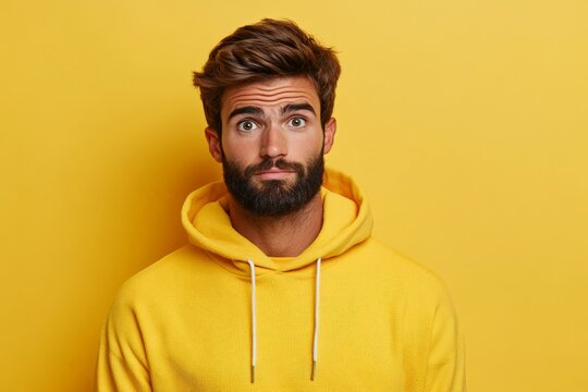 A bearded man in a yellow hoodie stands against a matching background, evoking feelings of curiosity and inspiration with a thoughtful, stylish expression.