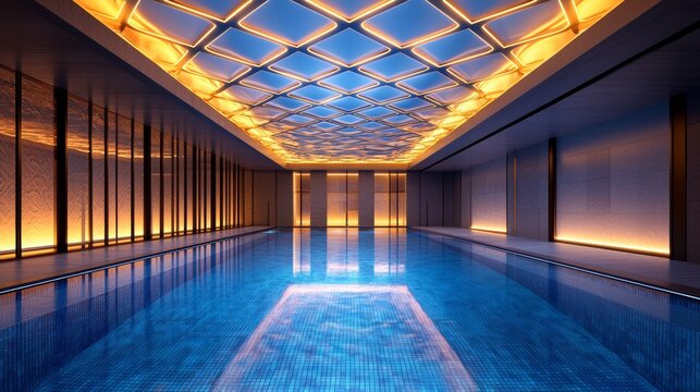 High-end indoor swimming pool with azure water, glass walls surrounding the area, geometric lighting on the ceiling, reflective pool tiles, modern luxury feel