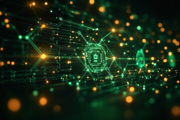 Fototapeta premium Abstract digital network with glowing green and orange lights, representing data flow, connection, and technology.