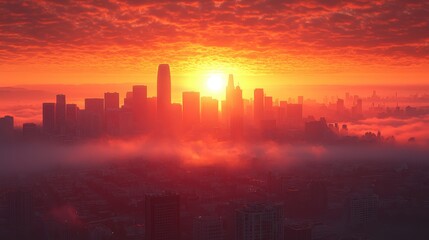 Fototapeta premium Stunning sunset over the skyline of downtown Los Angeles with vibrant clouds and a misty foreground, capturing the beauty of the city