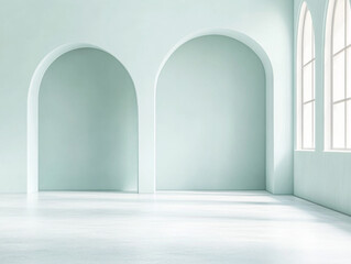 Bright and airy minimalist room with archways and large windows for natural light