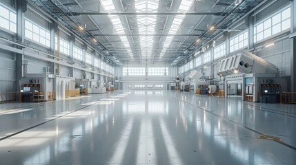 Obraz premium Industrial Factory Interior with Machinery Large Windows and Sunlight