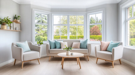 Bright and airy living room with modern seating and scenic view in a suburban home
