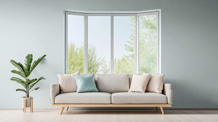 Modern living room with a comfortable sofa and large windows showcasing a green landscape