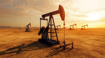 Oil pump jacks operate in the desert during sunset, showcasing the energy industry's extraction processes in a vast, arid landscape.
