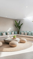 Modern interior design of a serene living space with natural elements in a bright setting