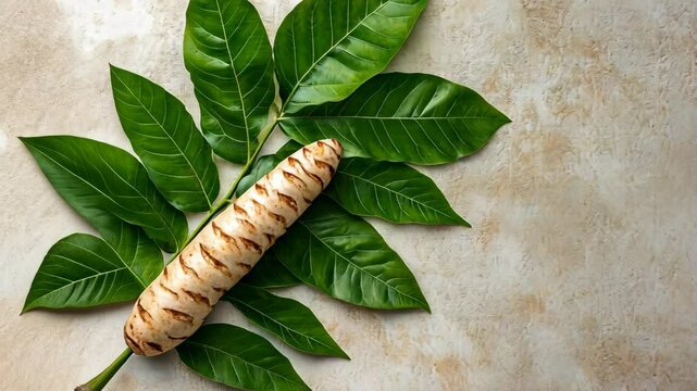 A close-up of a kava root on a branch of leaves against a light brown background