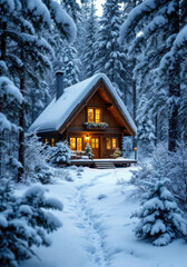 Naklejka premium Cozy Cabin in a Snowy Forest