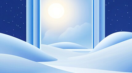 Naklejka premium Minimalistic Vector Art Composition with Abstract Shapes of Snow Dunes and Moonlight, Blue Gradient Background and Central Window, White Border Surrounding Light Blue Theme