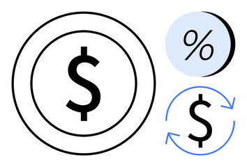 Dollar sign within a circle, percentage symbol in blue circle, dollar sign with circular arrows. Ideal for finance, investment, economics, marketing, savings, growth, and business. Line metaphor