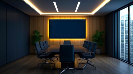 A modern conference room featuring a large wooden table, leather chairs, and a wall-mounted screen, illuminated by soft ambient lighting.
