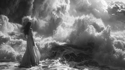 Obraz premium Woman Standing on Shore Facing Giant Waves in Black and White
