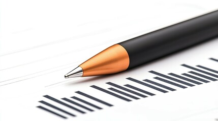 A close-up of a black pen with an orange tip resting on a printed document featuring bar graphs and data visualization.