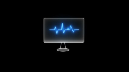 Medical cross icon inside ECG monitor. Neon heartbeat inside laptop icon. Heart icon inside pulse line illustration on black background.