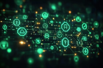Obraz premium Abstract digital network with glowing icons connected by lines.