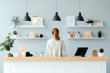 A minimalist boutique interior featuring a staff member standing at a counter, surrounded by neatly arranged products on display shelves under soft pendant lighting.