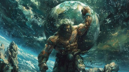 Powerful Giant Holding Earth in Space Fantasy Illustration