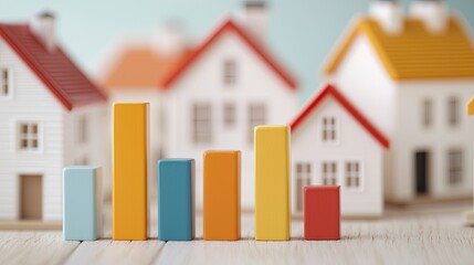 A colorful bar graph stands in front of small model houses, illustrating trends in real estate or housing market data.