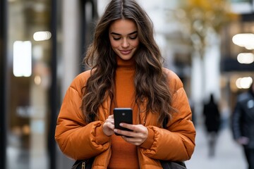 Fototapeta premium A young woman stands on a city street in a vibrant orange jacket, focused intently on her smartphone, against a backdrop of urban autumn scenery.